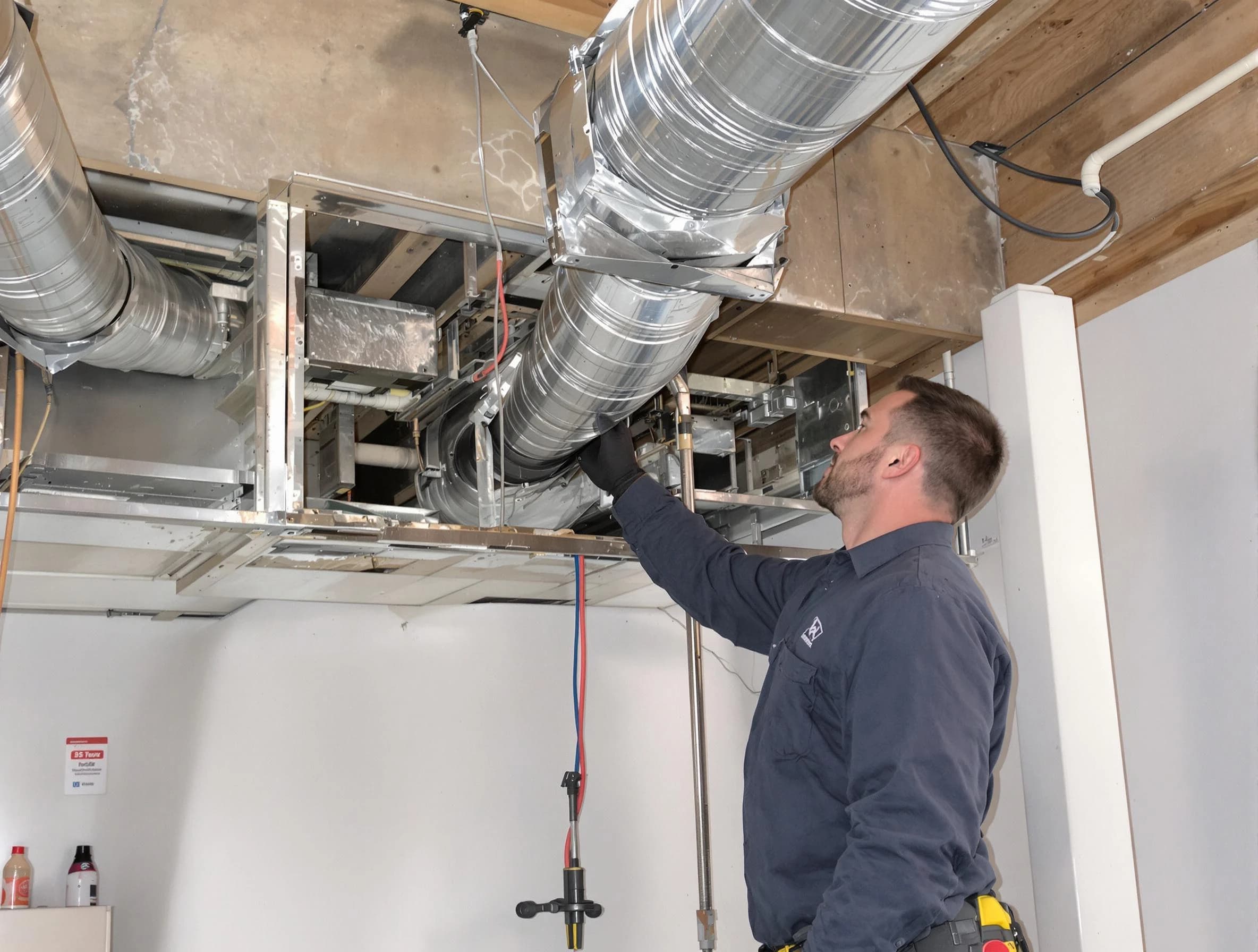 Cambridge Air Duct Cleaning technician performing professional air duct repair using specialized tools in Cambridge