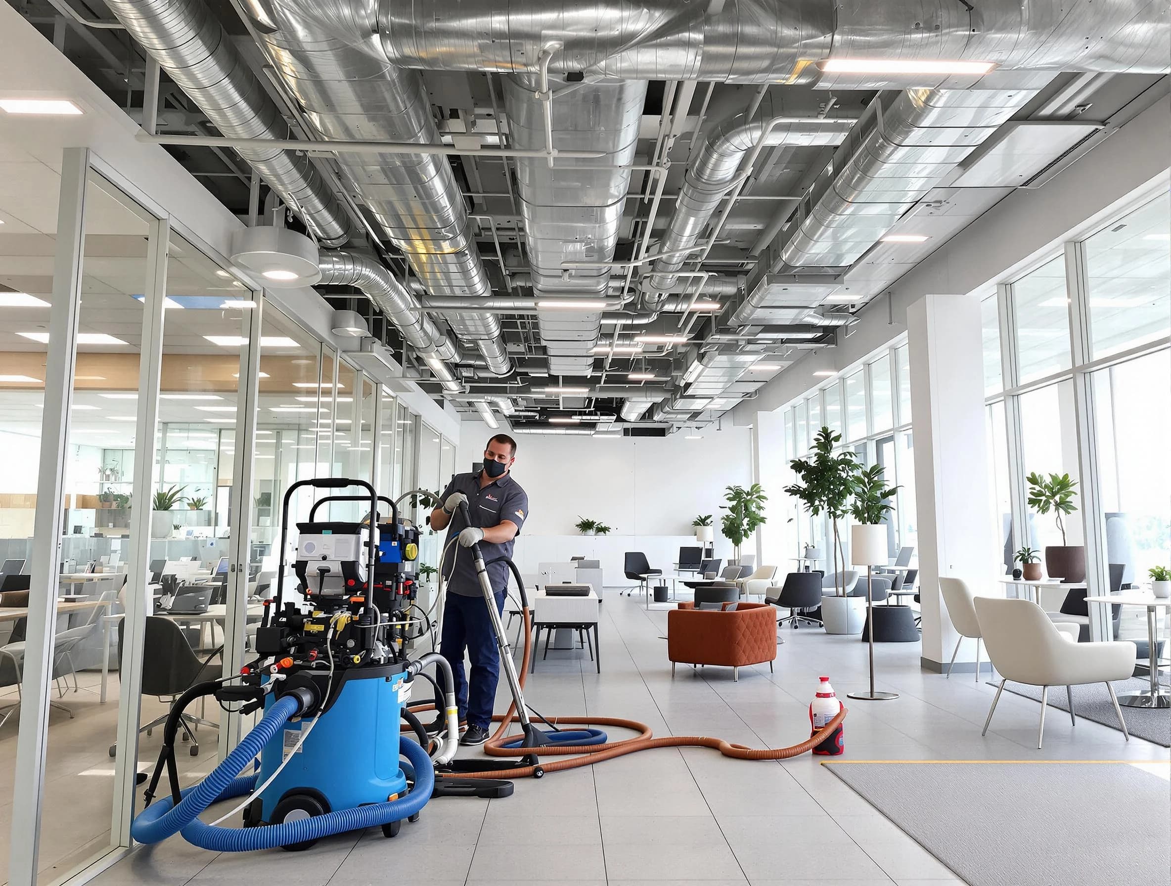 Cambridge Air Duct Cleaning team conducting comprehensive commercial duct cleaning at a business location in Cambridge