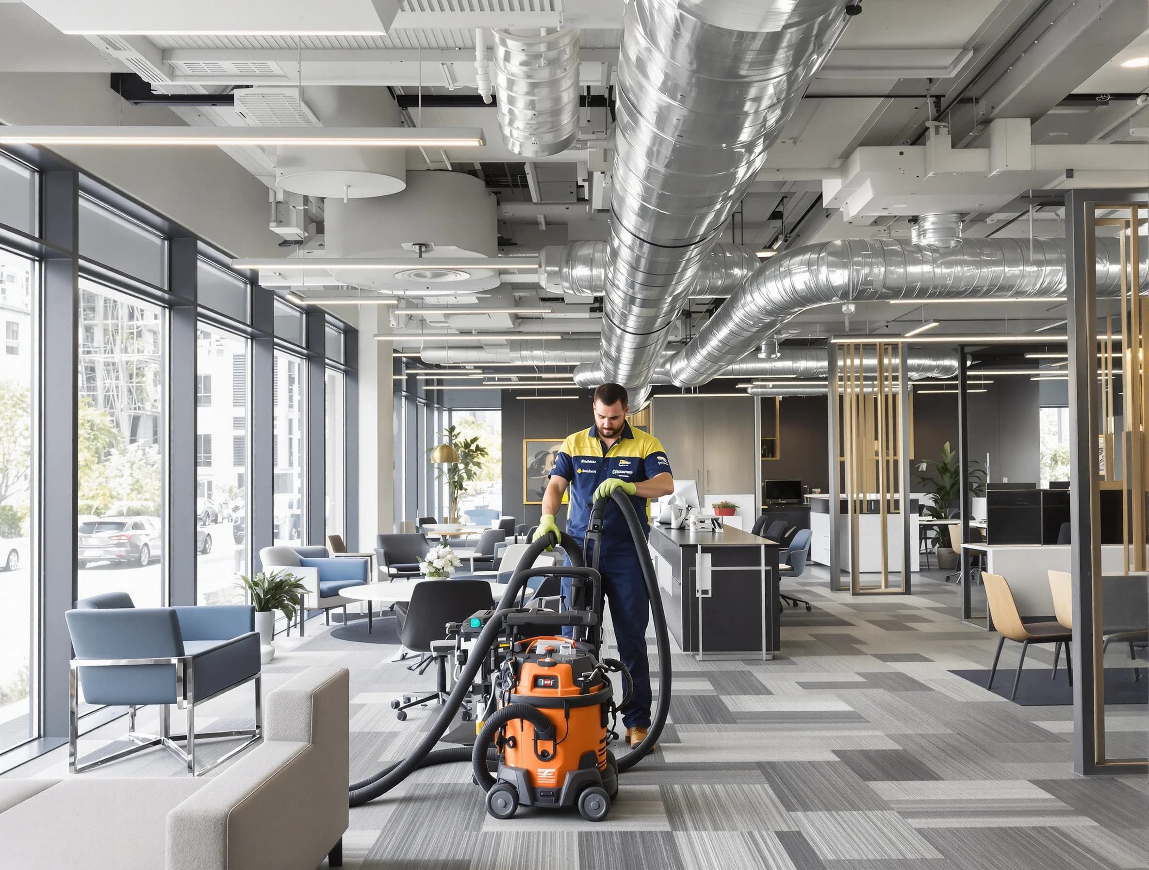 Cambridge Air Duct Cleaning team performing thorough commercial duct cleaning at a Cambridge business center