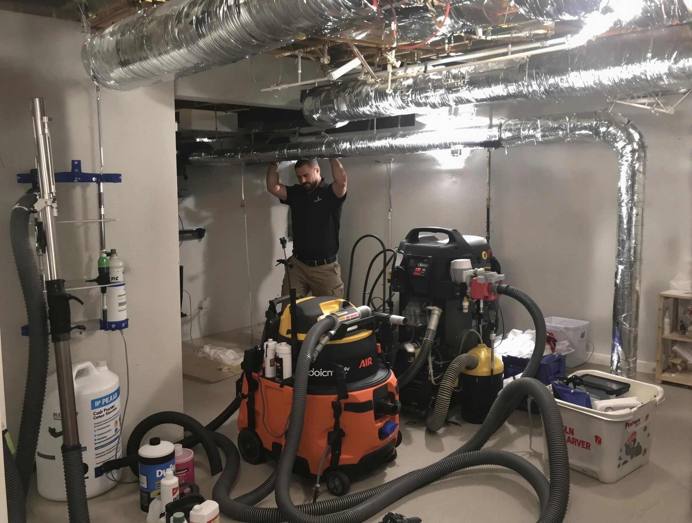 Cambridge Air Duct Cleaning specialist performing professional mold removal from air ducts using safety equipment in Cambridge